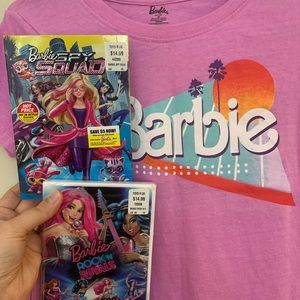 Barbie Tshirt and two barbie dvd’s (one is new in plastic)